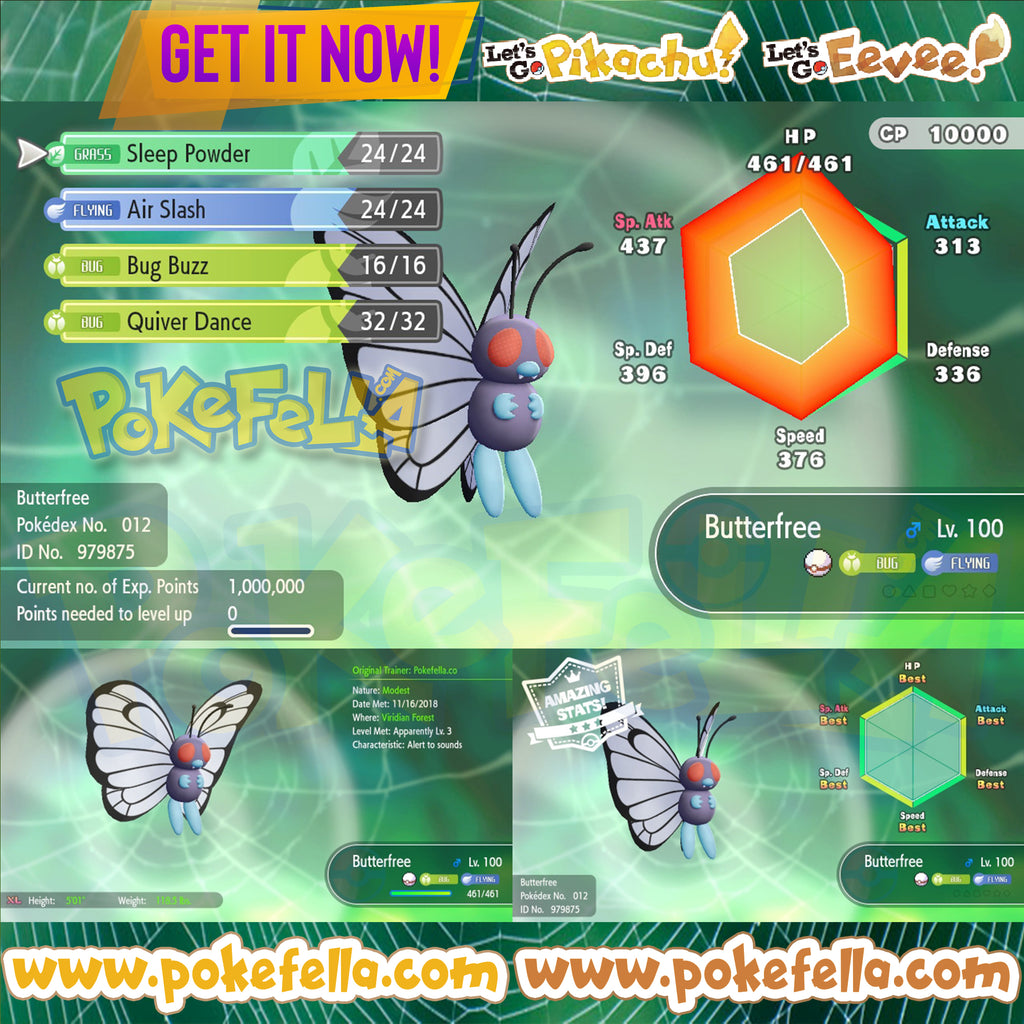 Butterfree • Battle-ready • Max IVs/AVs • Level 100 • Shiny/non-shiny • Let's Go, Pikachu! & Eevee!