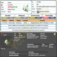 Ilex Forest Celebi • OT: Ilex • ID No. 101500 • Pokemon Gold & Silver Virtual Console North American 2017 Event New Nintendo 3DS 2DS XL Pokemon Sun Moon Ultra Sun Ultra Moon Natural Cure Heal Bell, Ancient Power, Future Sight, Safeguard