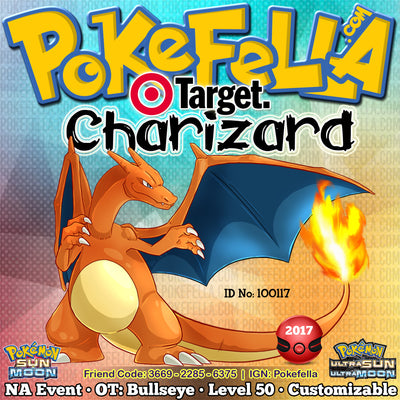 Target Charizard • OT: Bullseye • ID No. 100117 • Pokemon Charizard GX Tie-in — Target Exclusive Distribution 2017 Event Ultra Sun Moon Nintendo 3DS 2DS XL Blaze Red Card Dragon Dance Fly Earthquake Flare Blitz