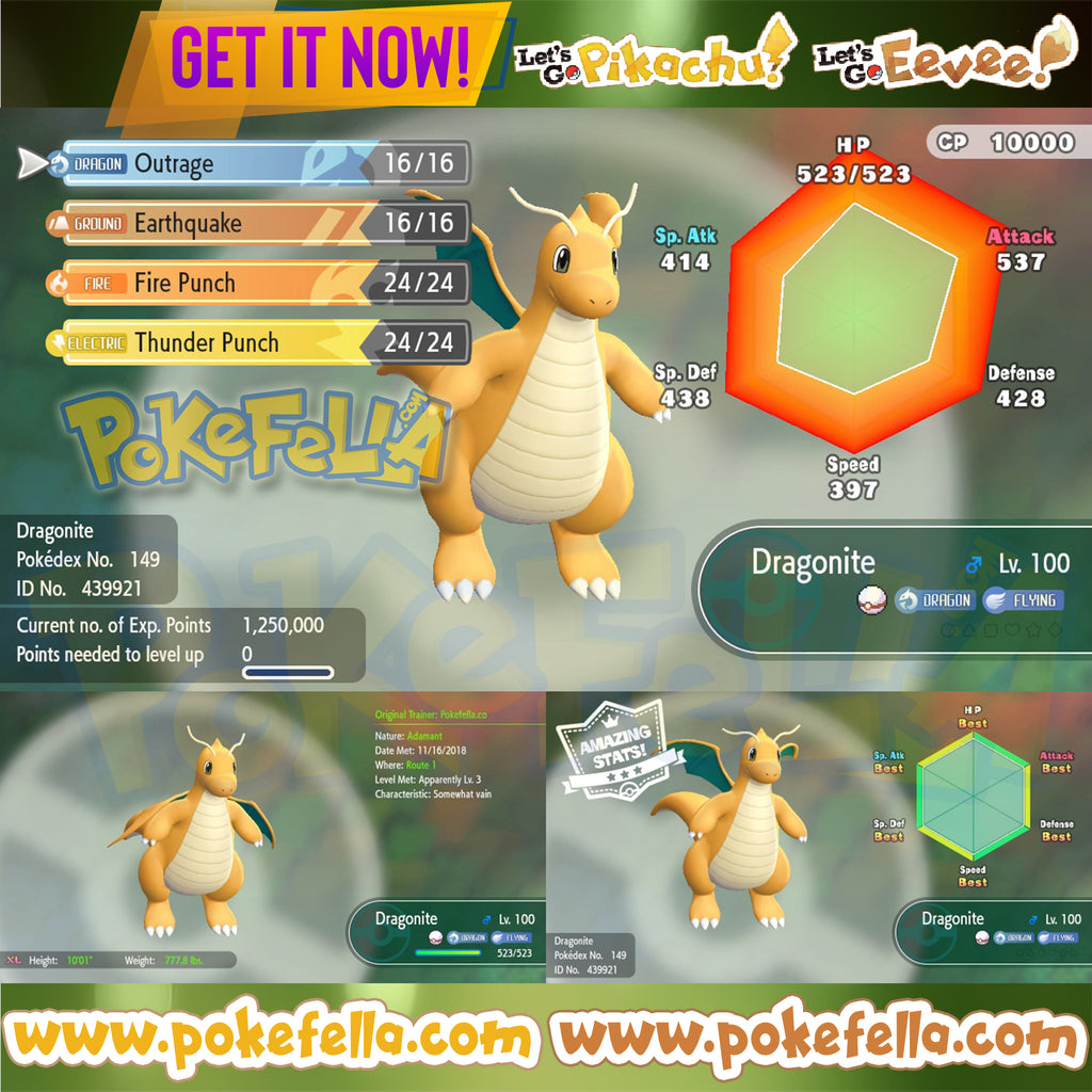 Dragonite • Battle-ready • Max IVs/AVs • Level 100 • Shiny/non-shiny • Let's Go, Pikachu! & Eevee!