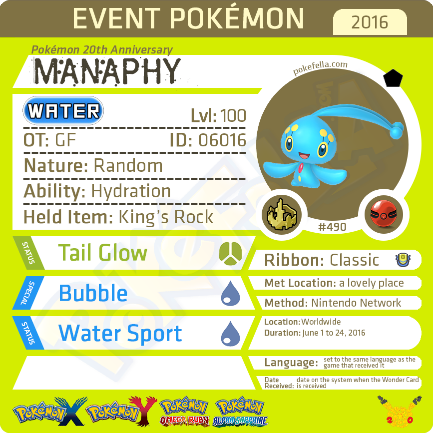 Pokémon 20th Anniversary Manaphy • OT: GF • ID No. 06016 • North
