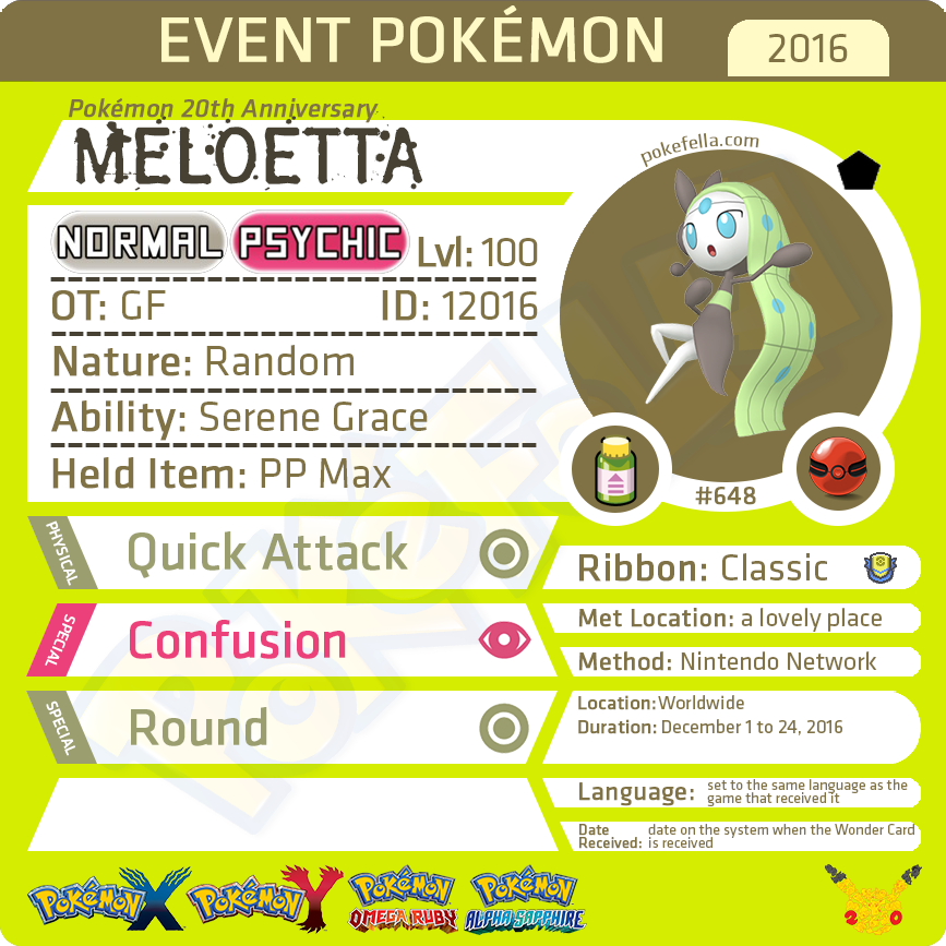 Pokémon 20th Anniversary Meloetta • OT: GF • ID No. 12016 •  2016 Event