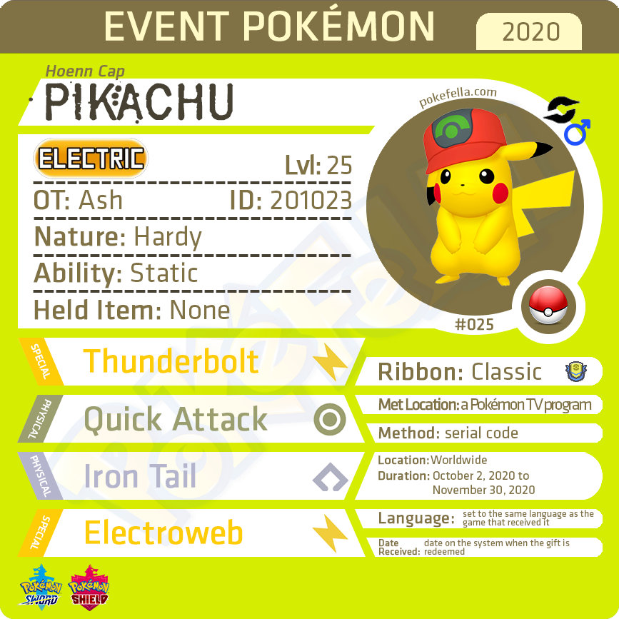 Hoenn Cap Pikachu • OT: サトシ, Ash, Sacha, 지우, 小智 • ID 201023 • Worldwide 2020 Event