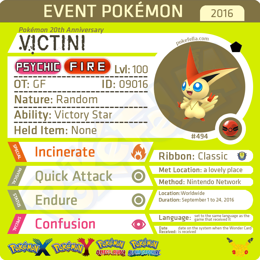 Pokémon 20th Anniversary Victini • OT: GF • ID No. 09016 •  2016 Event