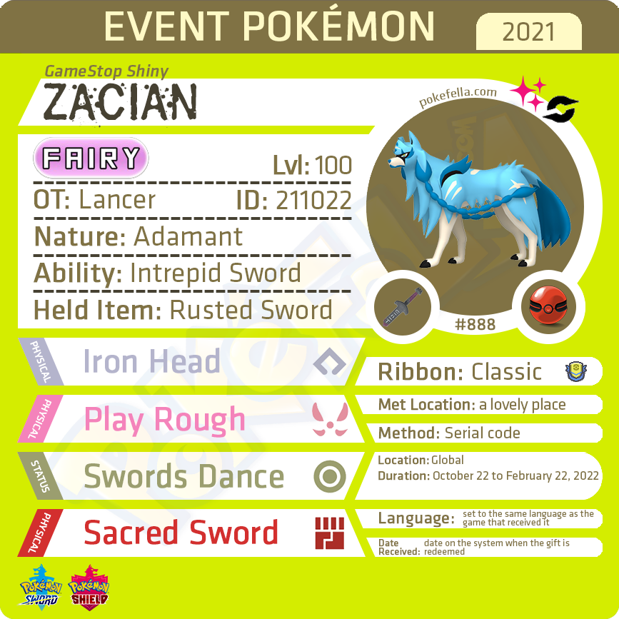 Square Shiny Zacian • OT: Lancer, ガラル, 가라르, 伽勒尔, 伽勒爾 • ID No. 211022 • Global 2021 Event