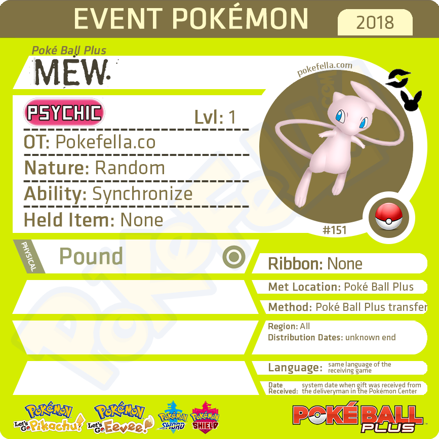 Poké Ball Plus Mew • Pokémon Let's Go, Pikachu! Eevee!, Sword Shield Gift