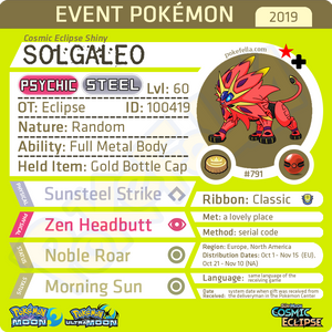 Cosmic Eclipse Shiny Solgaleo • OT: Eclipse • ID No. 100419 • North America, Europe 2019 Event